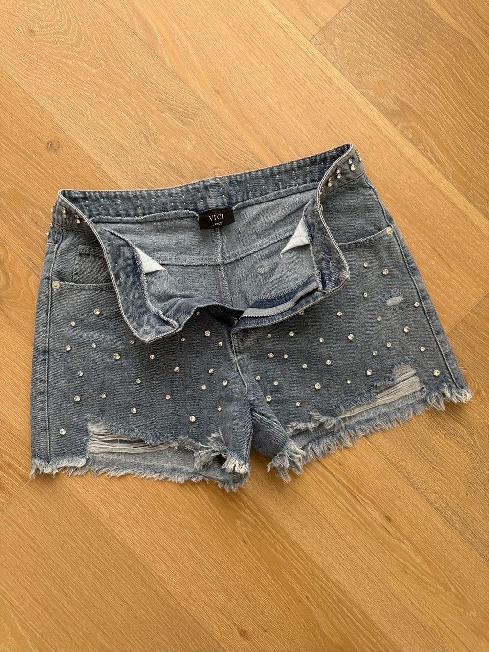 Vici Light Blue Studded Distressed Denim Shorts